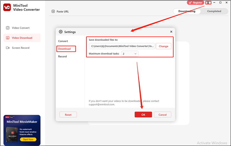 Click on three horizontal lines > Settings > Download > OK to customize the save position in MiniTool Video Converter