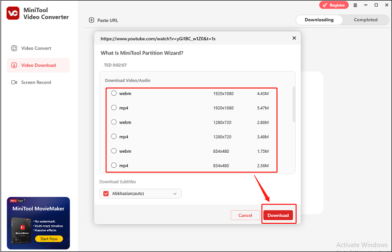 Choose output format and click on Download to start downloading the video in MiniTool Video Converter
