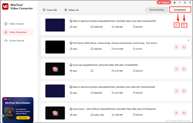 Switch to Completed and click on play to watch the video, or folder to find the video on your computer