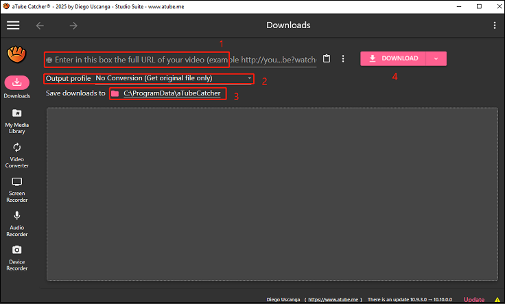Paste the video link, choose the output format, set the save position of the video, and click DOWNLOAD to download the video in aTube Catcher