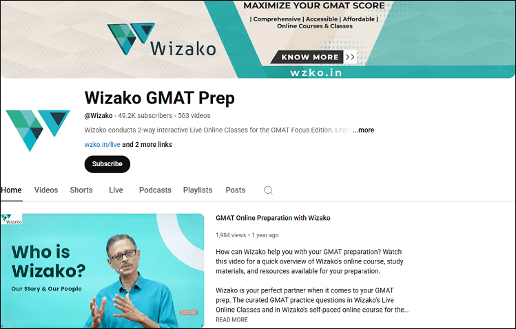 The homepage of the Wizako GMAT Prep channel on YouTube