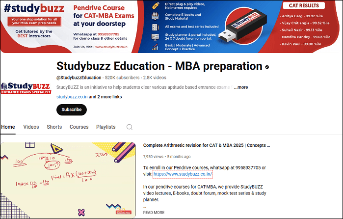 The channel homepage of Studybuzz Education – MBA preparation on YouTube