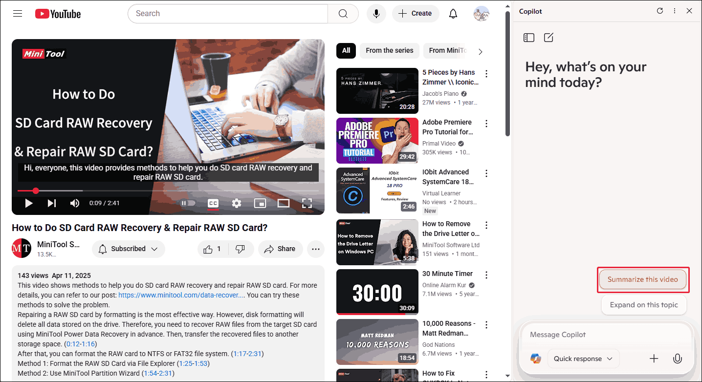 Choose the Summarize this video option in the Copilot dialog box