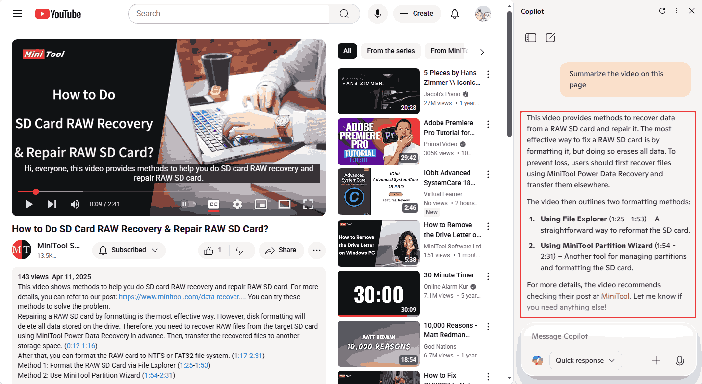 Copilot summarizes YouTube videos