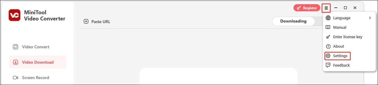 Click the hamburger icon and select Settings in MiniTool Video Converter