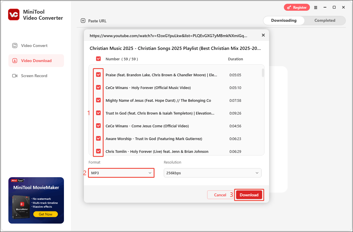Select the song you want to download, choose the output format, and click on Download in MiniTool Video Converter