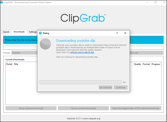 Die Fehlermeldung „Laden Sie youtube-dlp in ClipGrab herunter“