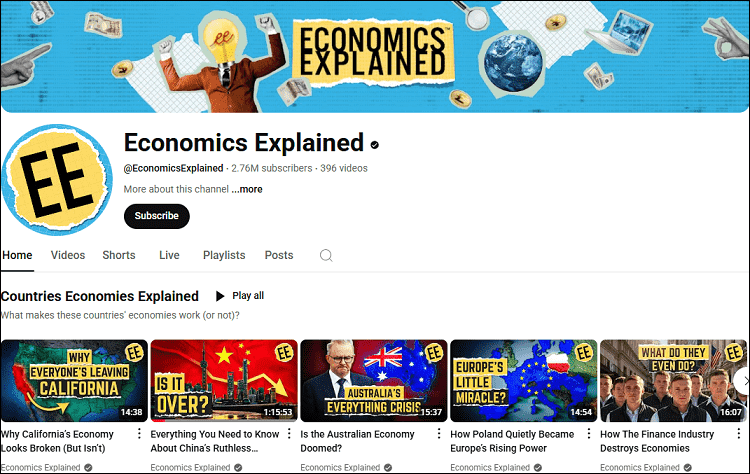 The channel homepage of Economics Explained on YouTube
