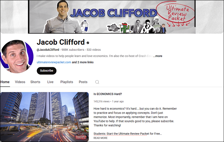 The channel homepage of Jacob Clifford on YouTube