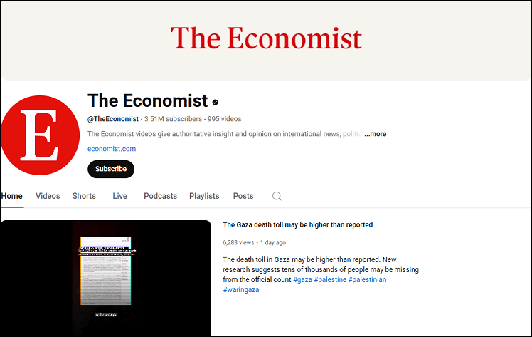 The channel homepage of The Economist on YouTube