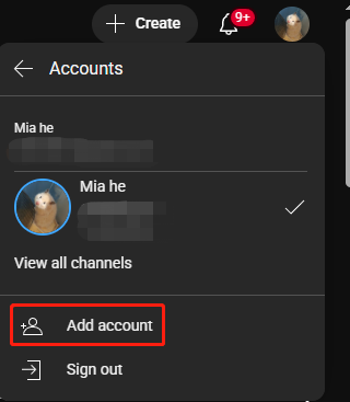 Click your YouTube profile and choose the Add account option