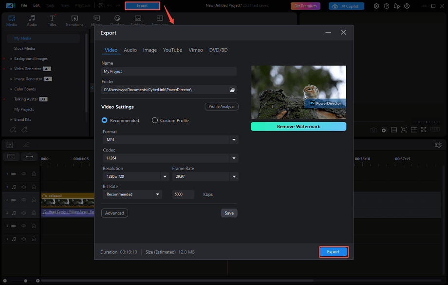 Click on Export, customize the export settings, and click Export in PowerDirector to export the video