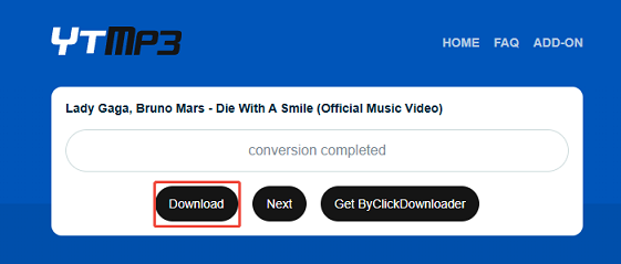 Click the Download button to save the converted MP3 file to your device with YTMP3