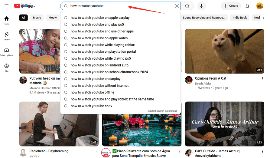 Type a word or phrase into YouTube’s search bar to find long tail keywords