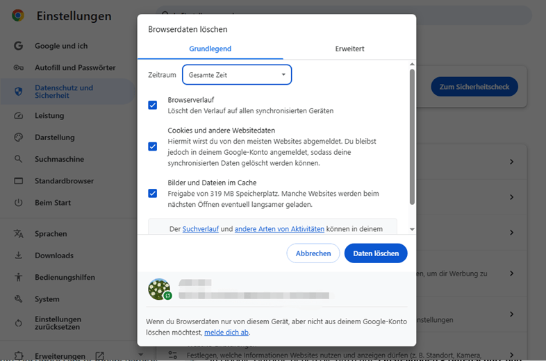 Löschen Sie die Browser-Cache, um der Browser zurückzusetzen