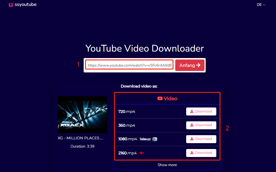 Fügen Sie den Videolink ein und wählen Sie Ihre bevorzugte Auflösung in SSYouTub
