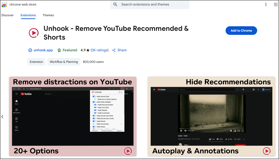 The Unhook extension on Chrome Web Store
