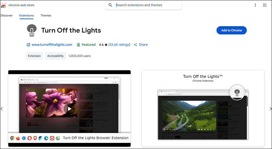 The Turn Off the Lights extension on Chrome Web Store