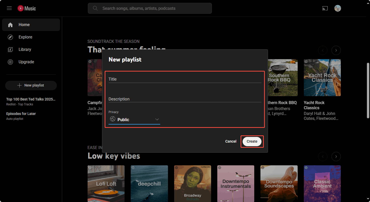 Set the title, description, visibility of the new playlist on YouTube Music