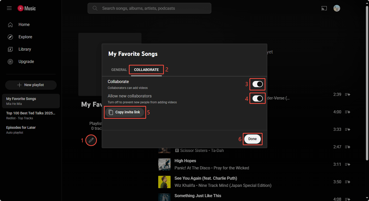 Click details icon, choose COLLABORATE, enable Collaborate and Allow new collaborators option, click Copy invite link, and click on Done on YouTube Music