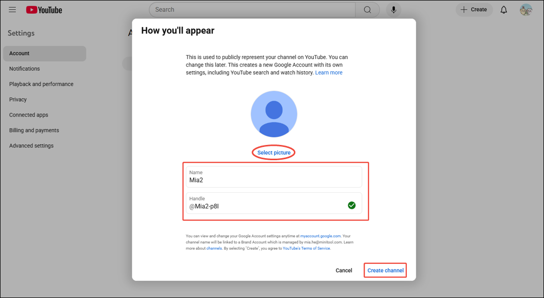 Set the new channel’s profile picture, name, and handle, and click on Create channel