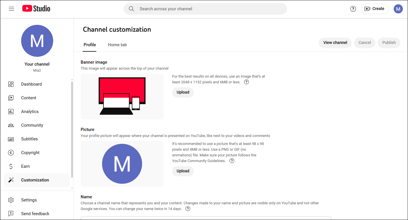 Customize the YouTube channel