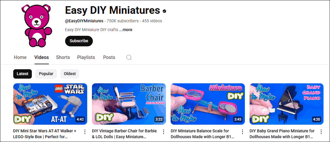 The channel homepage of Easy DIY Miniatures