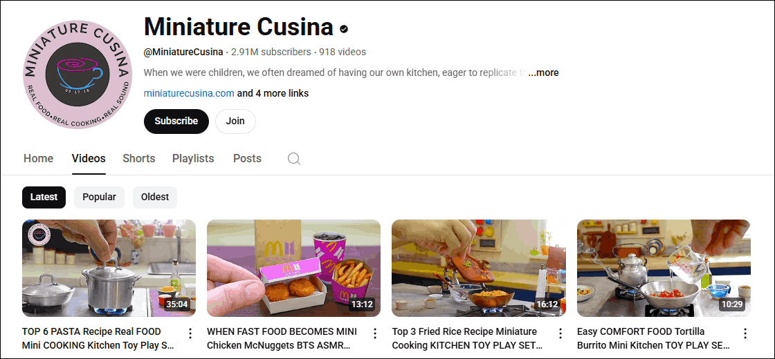 The channel homepage of Miniature Cusina