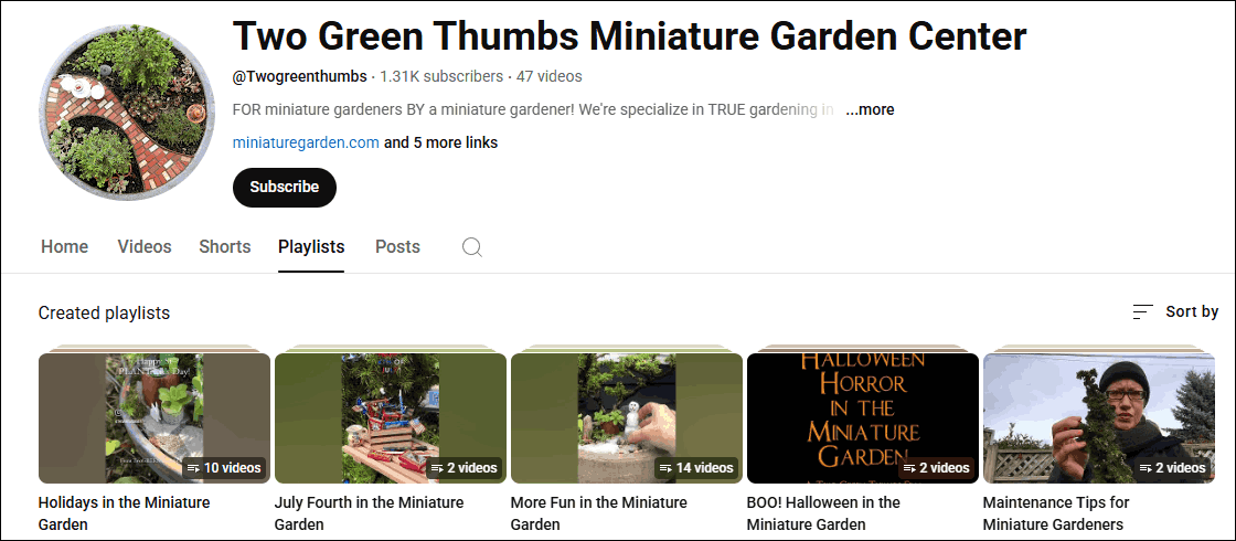 The channel homepage of Two Green Thumbs Miniature Garden Center