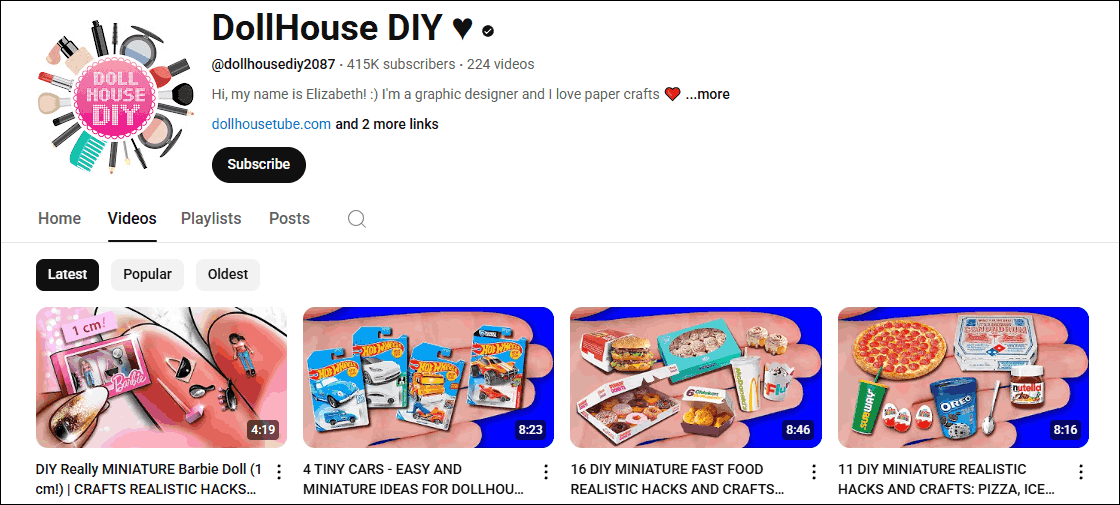The channel homepage of DollHouse DIY