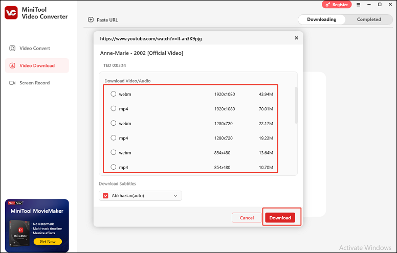 Choose output format and click on Download to download YouTube videos in MiniTool Video Converter