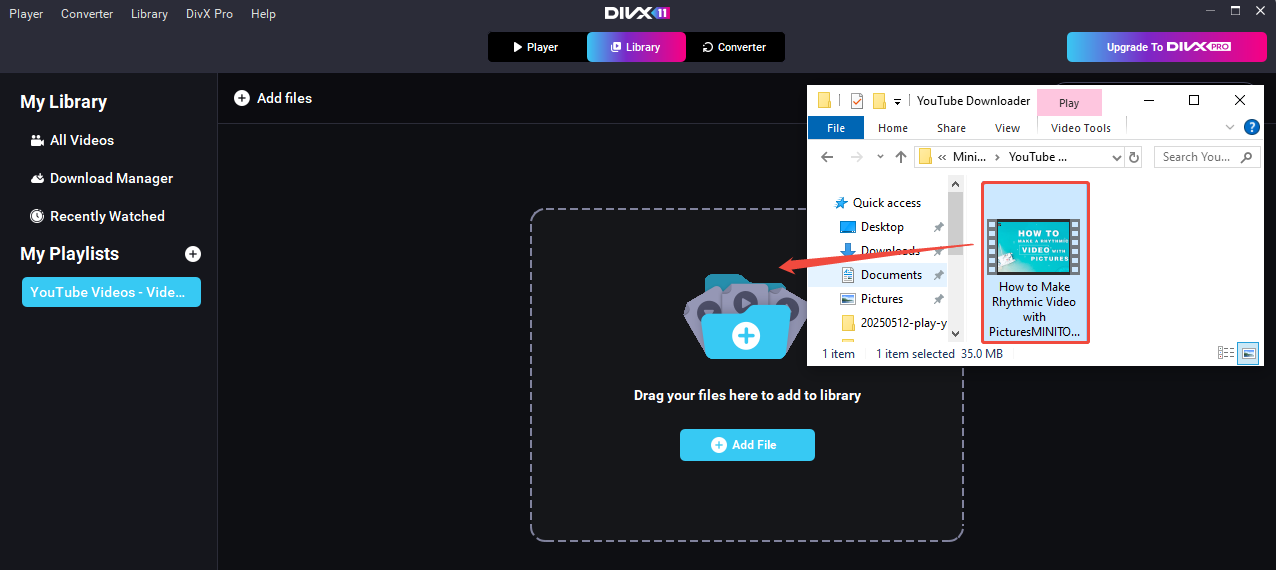Drag the video file to the dotted box of the new playlist in DivX Player