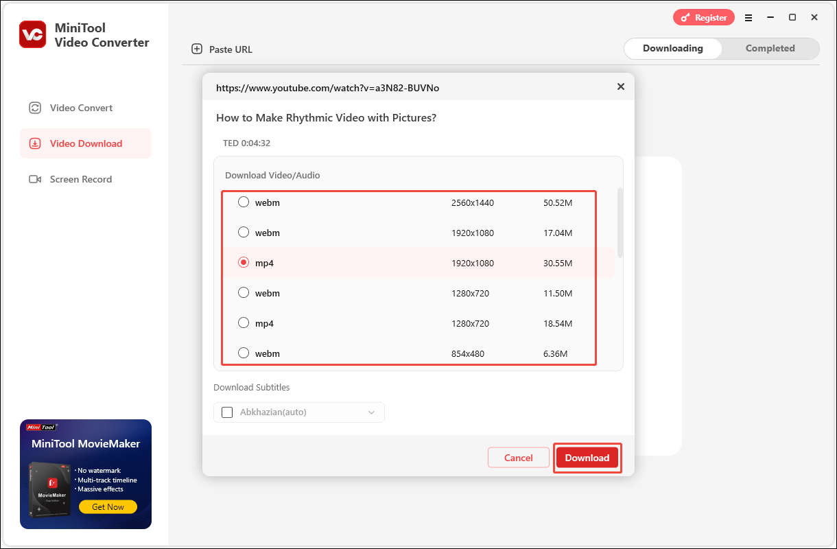 Choose to download the video in MP4 and click Download in MiniTool Video Converter