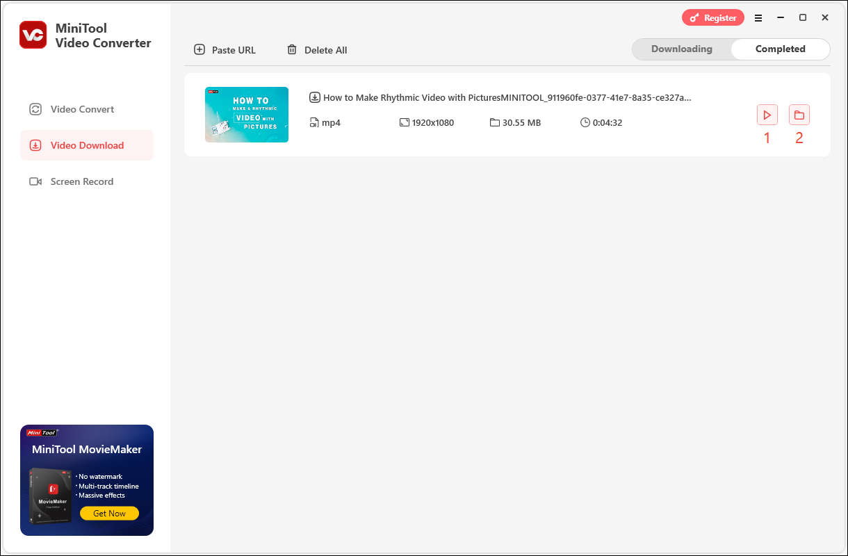 In MiniTool Video Converter, click the play icon to preview the video or click the folder icon to find the location where the video is saved