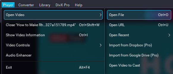 Choose the Player tab, select Open Video, and click Open File in DivX Player