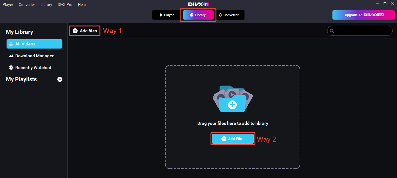Choose the Library tab, click the Add files option or the Add File button in DivX Player to import videos