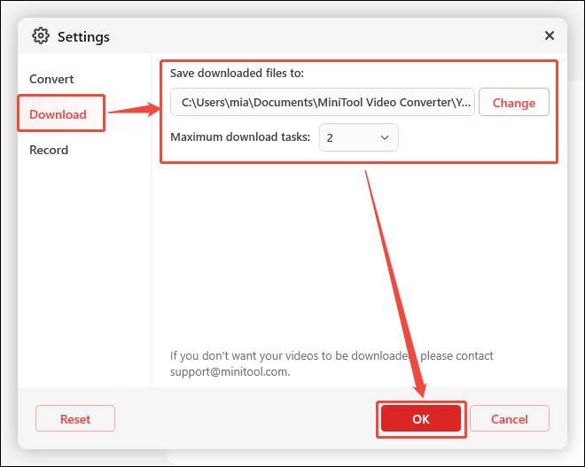 In MiniTool Video Converter’s Settings, choose Download, click Change to set the save location, set the Maximum download tasks to 10, and click OK