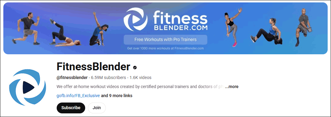 The YouTube channel homepage of FitnessBlender