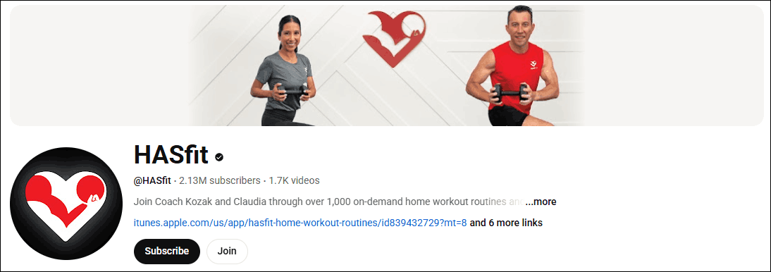 The YouTube channel homepage of HASfit