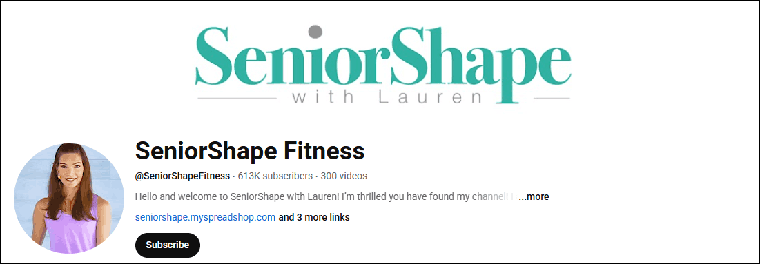 The YouTube channel homepage of SeniorShape Fitness