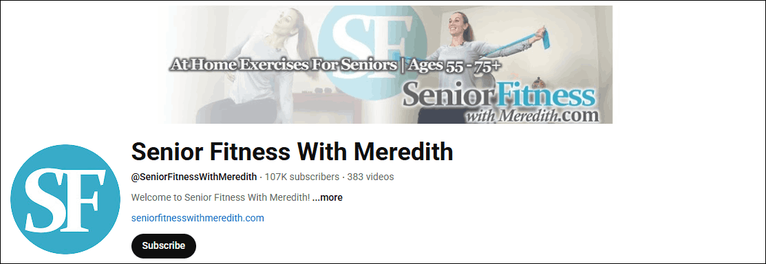 The YouTube channel homepage of Senior Fitness With Meredith