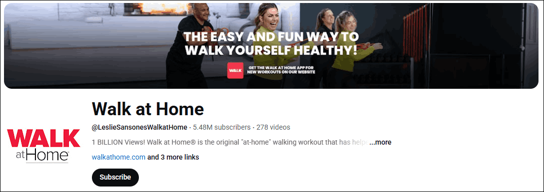 The YouTube channel homepage of Walk at Home