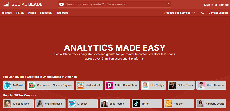 The website homepage of Social Blade on a browser