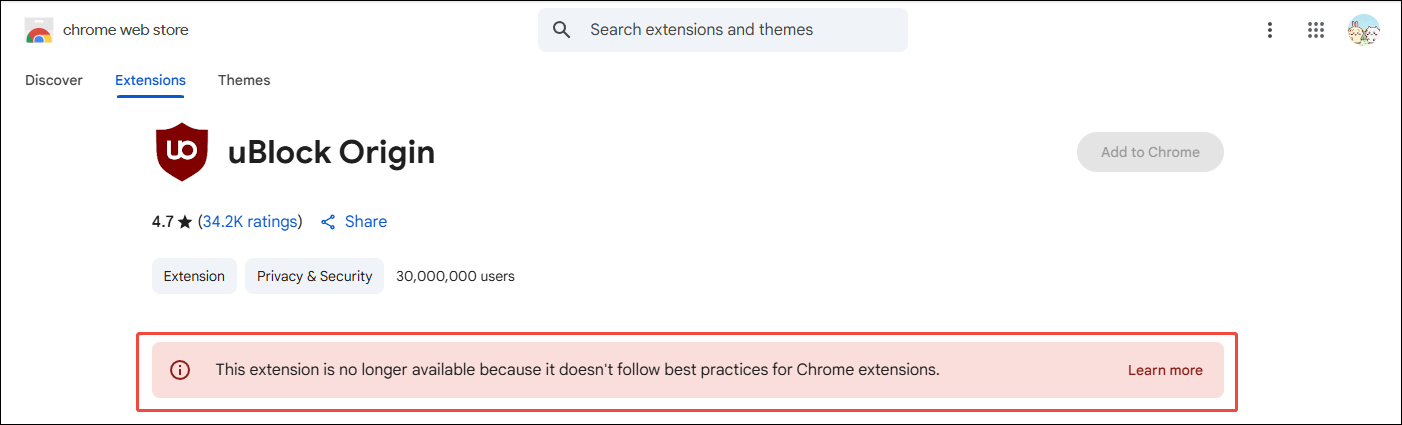 The uBlock Origin can’t be added to Chrome