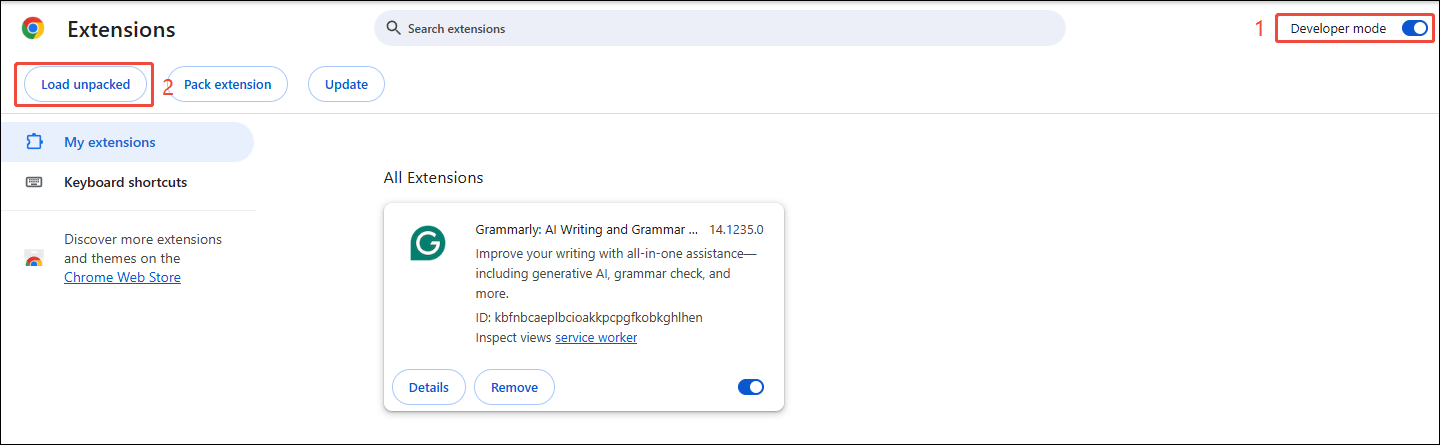 Enable the Developer Mode at the top right and then click on Load Unpacked in Chrome’s Extensions page