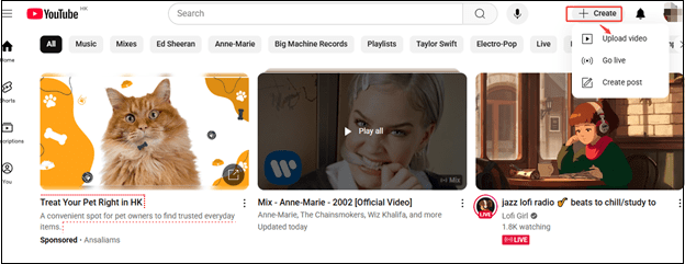 Click on Create > Upload video to open the upload interface on YouTube