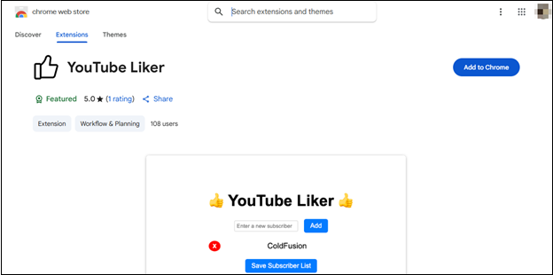 YouTube Liker extension in Chrome web store