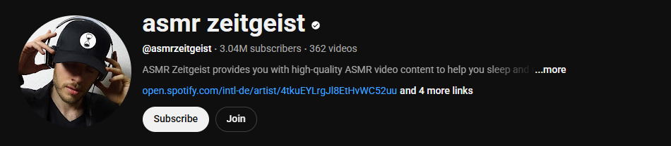 The channel homepage of asmr zeitgeist