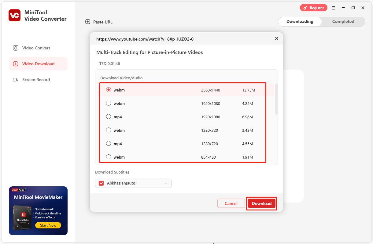 Select a format to download the video and click on Download in MiniTool Video Converter