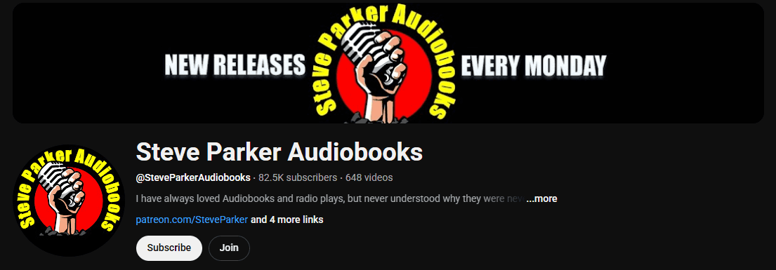The channel homepage of Steve Parker Audiobooks